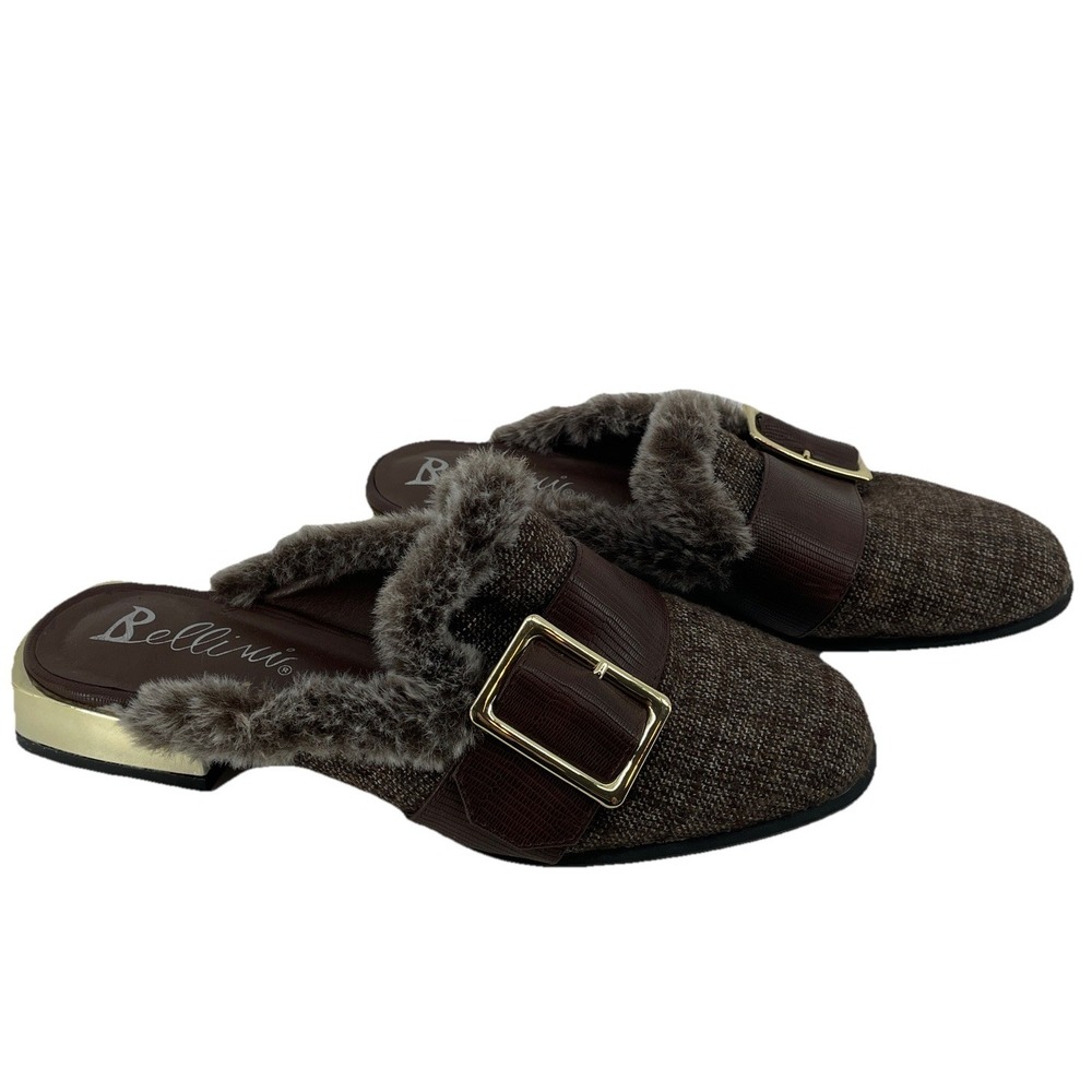 Bellini Byfar Mule‎ Slip On Shoe Womens 8 Brown Tweed Old Money Gold Heel Buckle